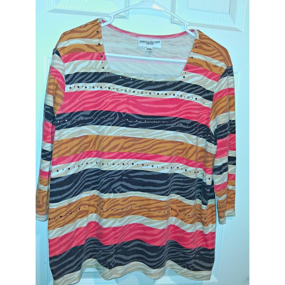 Rebecca Malone Women’s Blouse PXL Petites Animal Print Square Neck Studded